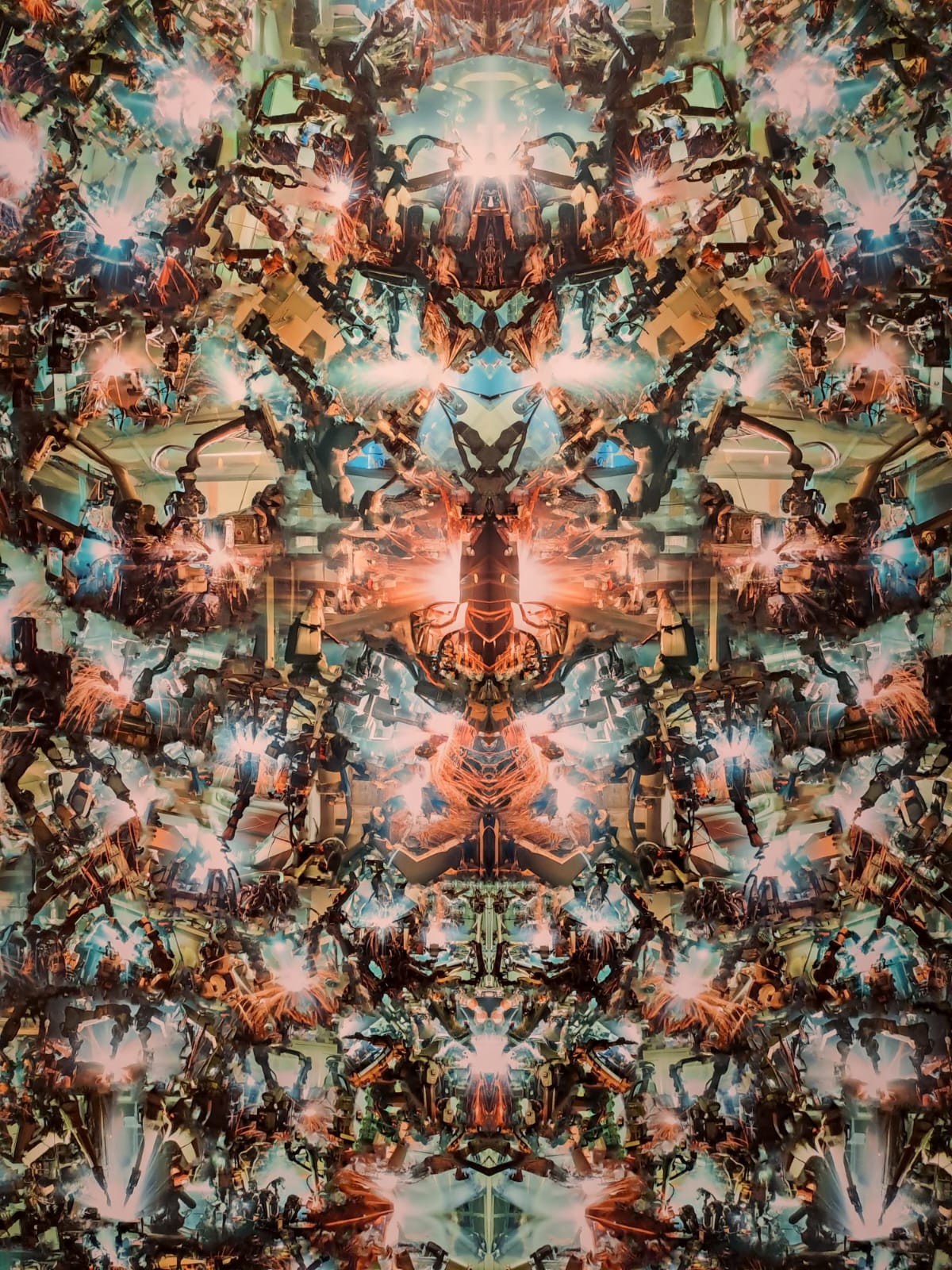 Un quadro che contiene bracci robotici uniti fra loro. Che creano scintille rosacee e ciano generate da un IA e specchiati e ribaltati a mano